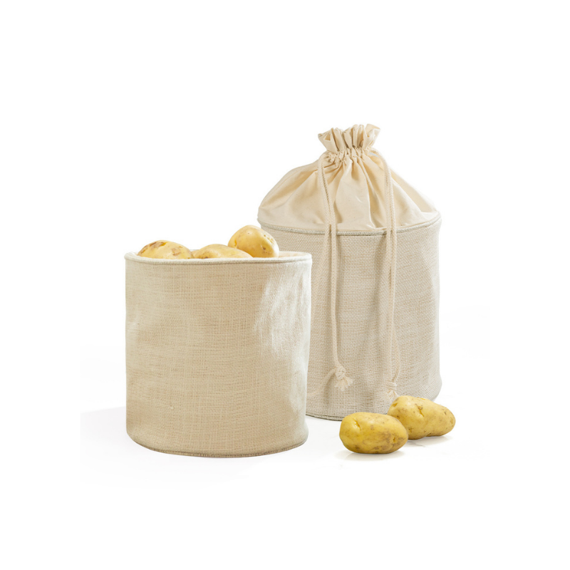 Cylindrical linen drawstring storage bag